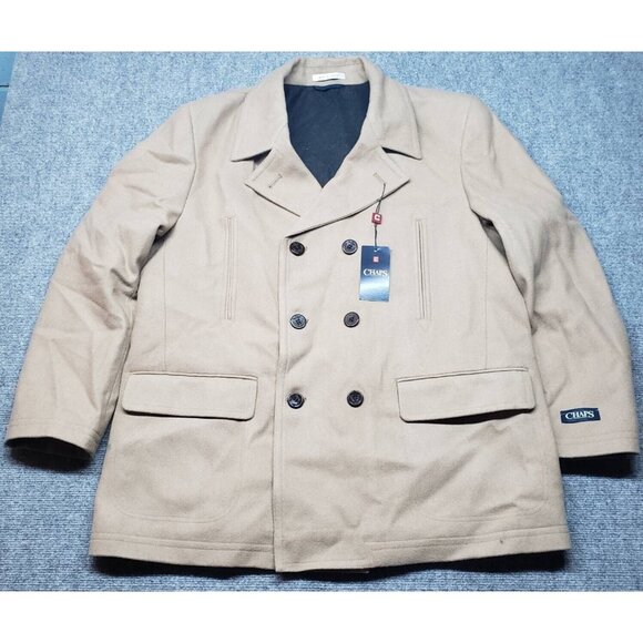 Chaps Pea Coat Mens 46 Reg Beige Button Double Breasted Pockets Wool Blend New